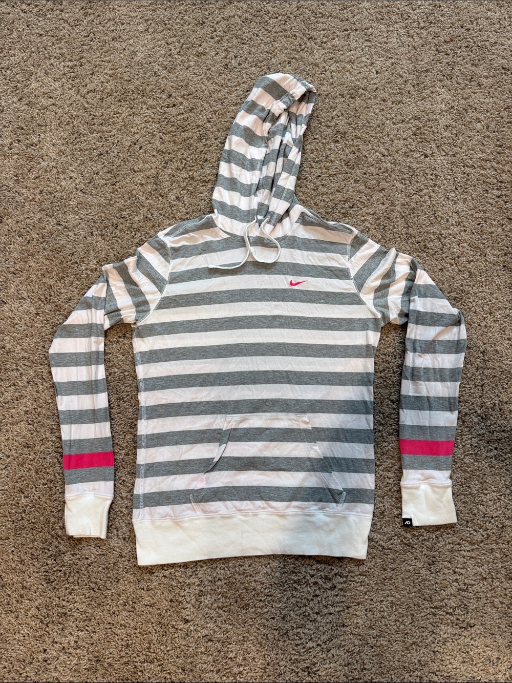 Nike Gray & White Striped Hoodie with Pink Accents